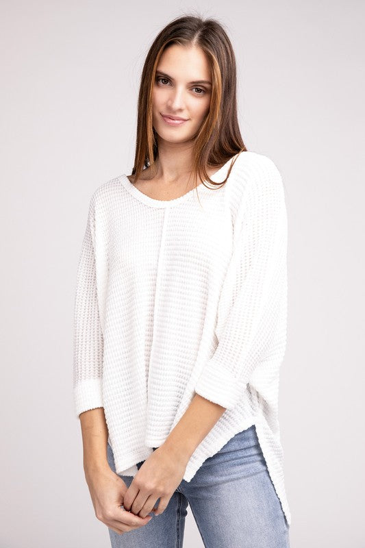 ZENANA 3/4 Sleeve V-Neck Hi-Low Hem Jacquard Sweater