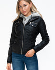 YMI Removable Faux Layered Multi-Pocket Jacket with Fuzzy Hood