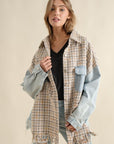 Tweed Mixed Denim Shacket with Fringed Hem