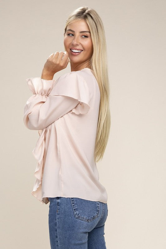 V-Neck Lace Trim Long Sleeve Blouse