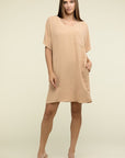 Zenana Woven Airflow V Neck T-Shirt Dress with Pockets