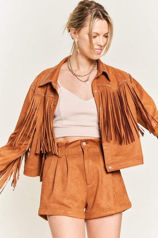 Jade By Jane Faux Suede Studded Fringe Jacket