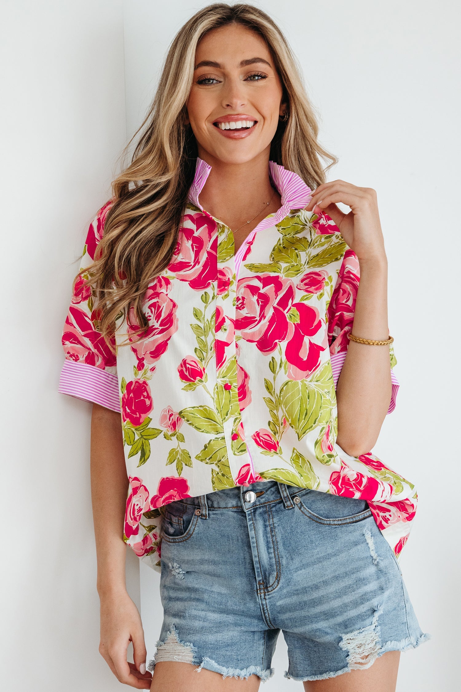 Floral Stripe Trim Frilled Collar Short Sleeve Shirt