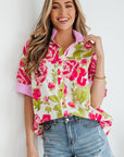 Floral Stripe Trim Frilled Collar Short Sleeve Shirt