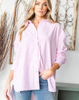 First Love Full Size Striped Button Down High-Low Hem Shirt