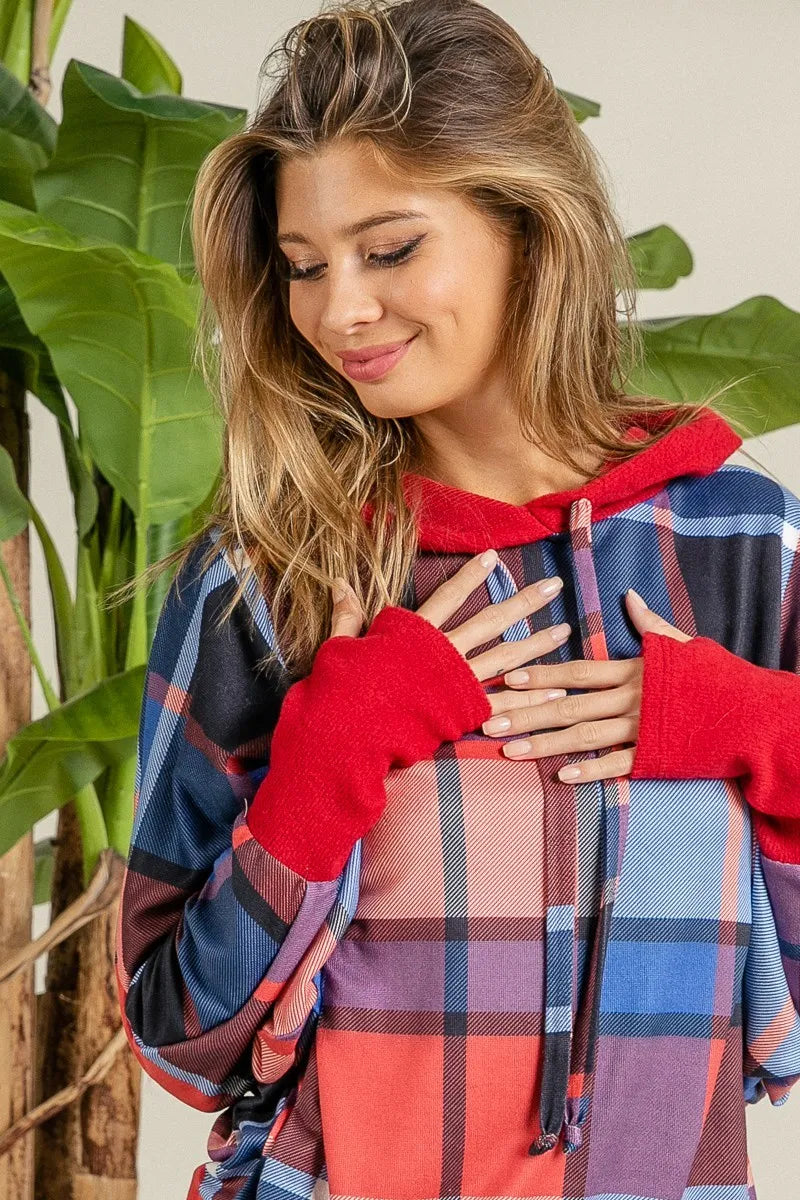 BiBi Plaid Mirr Brushed Rib Contrast Thumb Open Hoodie