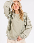 Mittoshop Ruffled Mineral Washed Round Neck Long Sleeve Sweatshirt