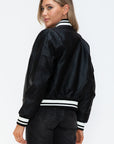 Love Me Now PU Leather Contrast Snap Down Bomber Jacket