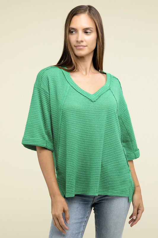 Zenana Brushed Waffle Exposed-Seam 3/4 Sleeve Top