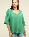 Zenana Brushed Waffle Exposed-Seam 3/4 Sleeve Top