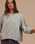 BiBi Mineral Washed Checkered Round Neck Denim Top