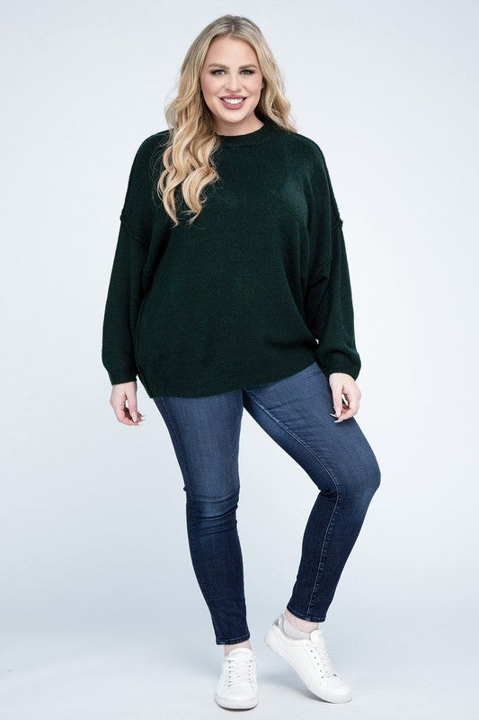 Zenana Plus Oversized Round Neck Raw Seam Melange Sweater