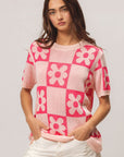 BiBi Flower Checker Pattern Short Sleeve Sweater