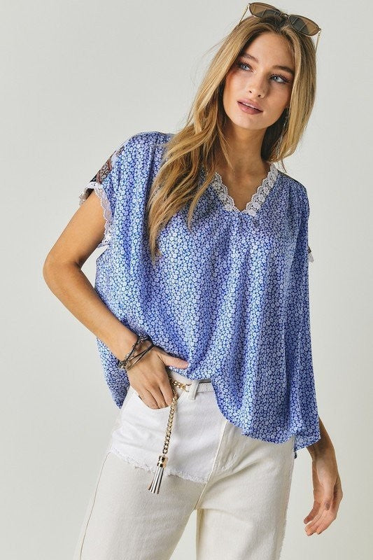 Davi &amp; Dani Printed Lace V-Neck Top - Online Only