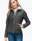 YMI Removable Faux Layered Multi-Pocket Jacket with Fuzzy Hood