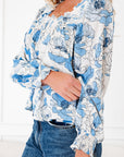 Floral Frilly Smocked Square Neck Long Sleeve Blouse