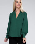 Zenana Woven Airflow V-Neck Long Sleeve Top