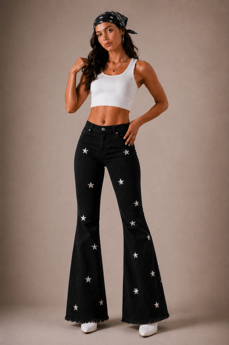 GJG Denim Midnight Stardust Star-Studded Bell Bottom Jeans — Black