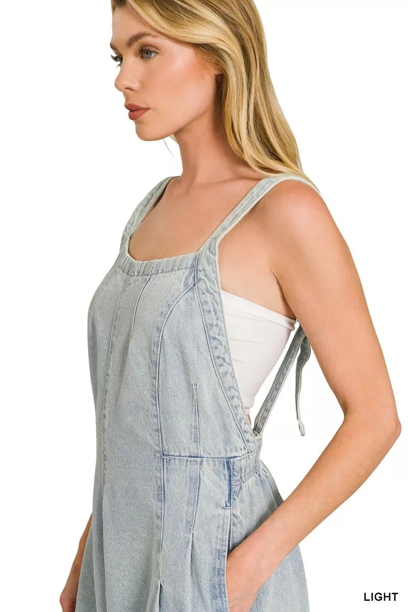 Zenana Denim Light Washed Wide Leg Overalls