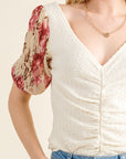 And The Why Full Size Floral Print Textured Sleeve Knit Top