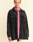 Davi & Dani Washed Corduroy Raw Hem Button Up Jacket