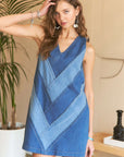 ADORA Chevron Color Block V-Neck Denim Dress