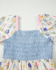 Floral Stripe Colorblock Square Neck Shirred Dress