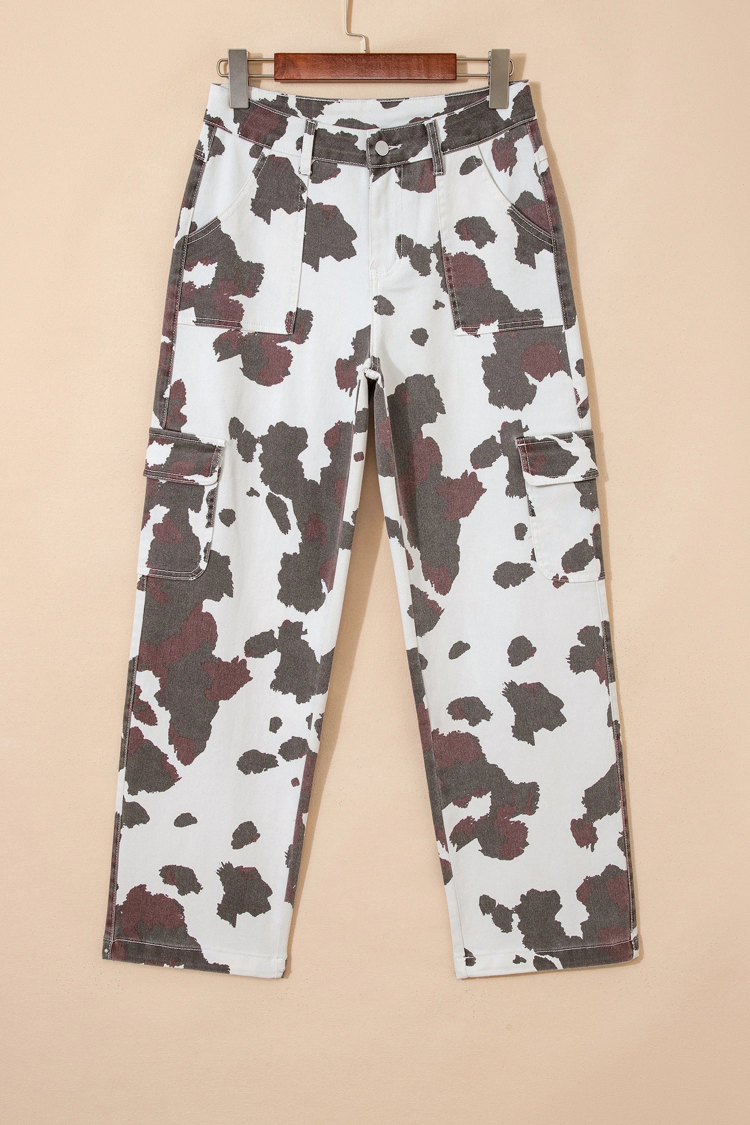Western Cow Spot Cargo Pocket Straight Leg Jeans