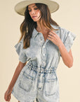 Annie Wear Elastic Waistband Short Sleeve Denim Romper