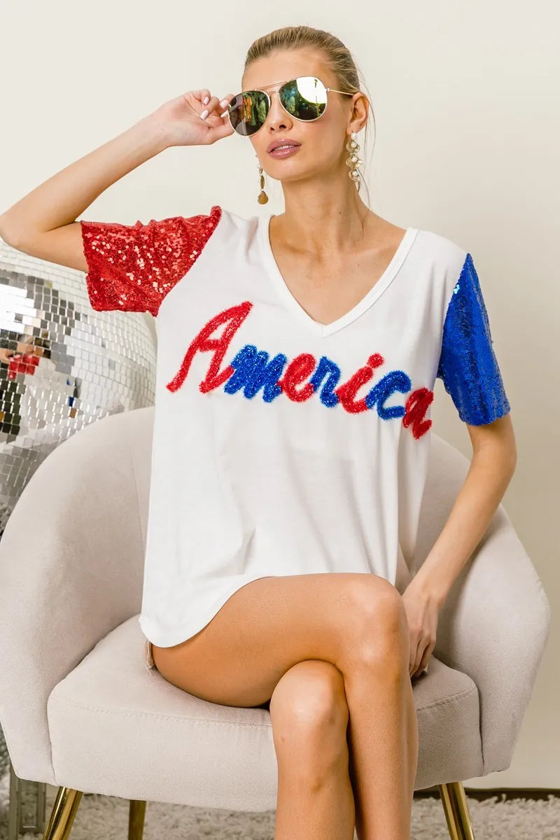 BiBi Metallic Letter V-neck Sequin Sleeves Top in Cream