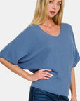 Zenana V-Neck Short Sleeve Dolman Sweater