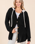 BOMBOM Textured Button Down Drawstring Hooded Shacket