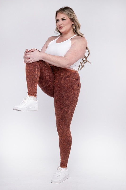 ZENANA Plus Mineral Washed Wide Waistband Yoga Leggings