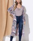 And The Why Printed Kimono Open Front Longline Cardigan