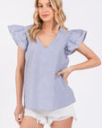 Ces Femme Striped V-Neck Ruffled Cap Sleeve Blouse