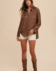 Annie Wear Openwork Button Down Drop Shoulder Shirt