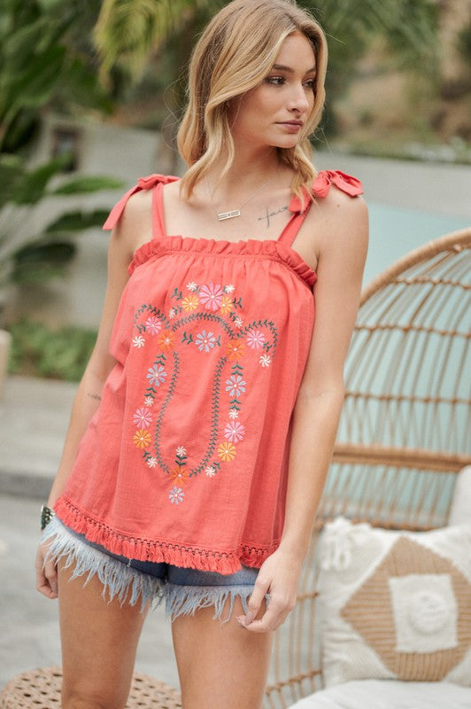 Davi &amp; Dani Embroidered Sleeveless Ruffle Tank Top