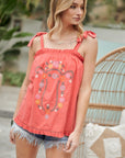 Davi & Dani Embroidered Sleeveless Ruffle Tank Top