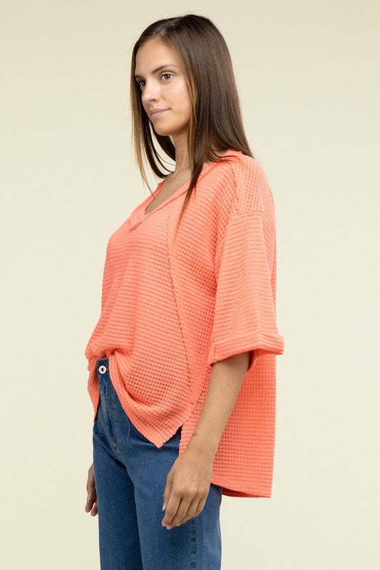 Zenana Brushed Waffle Exposed-Seam 3/4 Sleeve Top