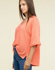 Zenana Brushed Waffle Exposed-Seam 3/4 Sleeve Top