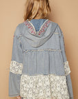 POL Embroidered Lace Patch Zip Up Hooded Jacket