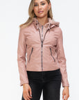 Snobbish Faux Leather Zip Up Drawstring Hooded Jacket