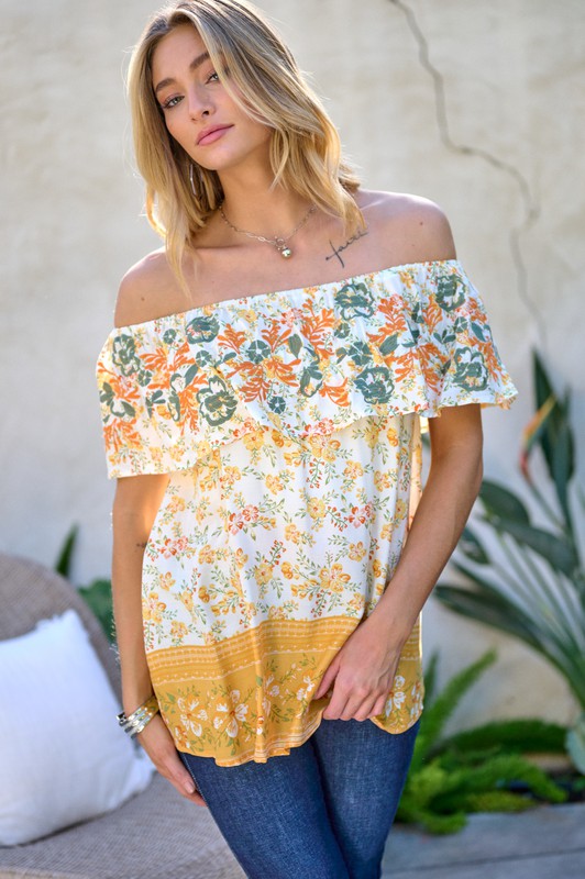 Davi &amp; Dani Printed Off Shoulder Smocked Top