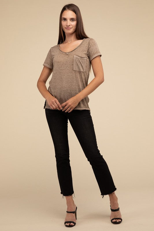 ZENANA Washed Melange Burnout Scoop V-Neck Top