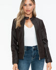 Snobbish Faux Leather Biker Jacket with Side Zip Pockets