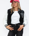 Love Me Now PU Leather Contrast Snap Down Bomber Jacket