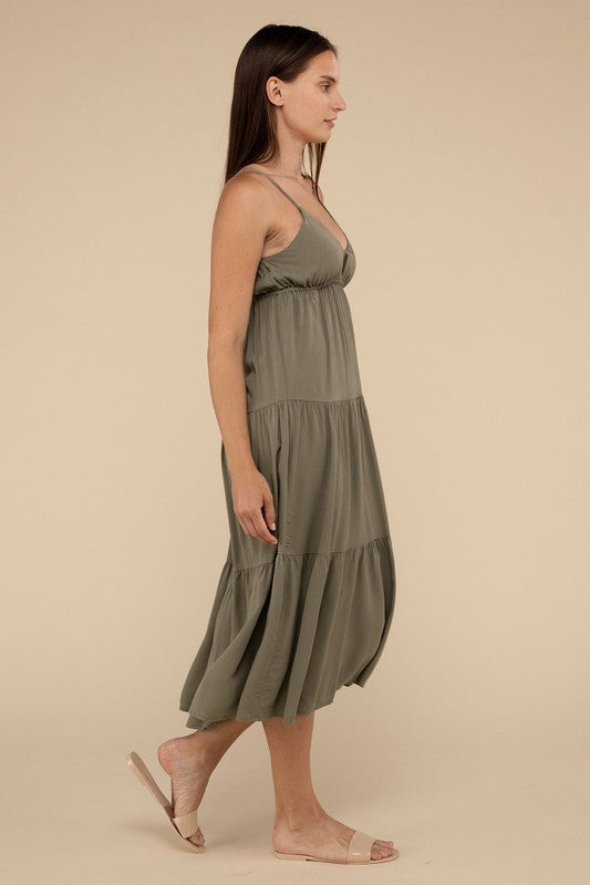 ZENANA Woven Sweetheart Neckline Tiered Cami Midi Dress