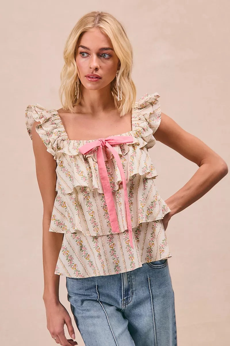 BiBi Floral Printed Woven Front Bow Tied Ruffled Square Neck Sleeveless Top