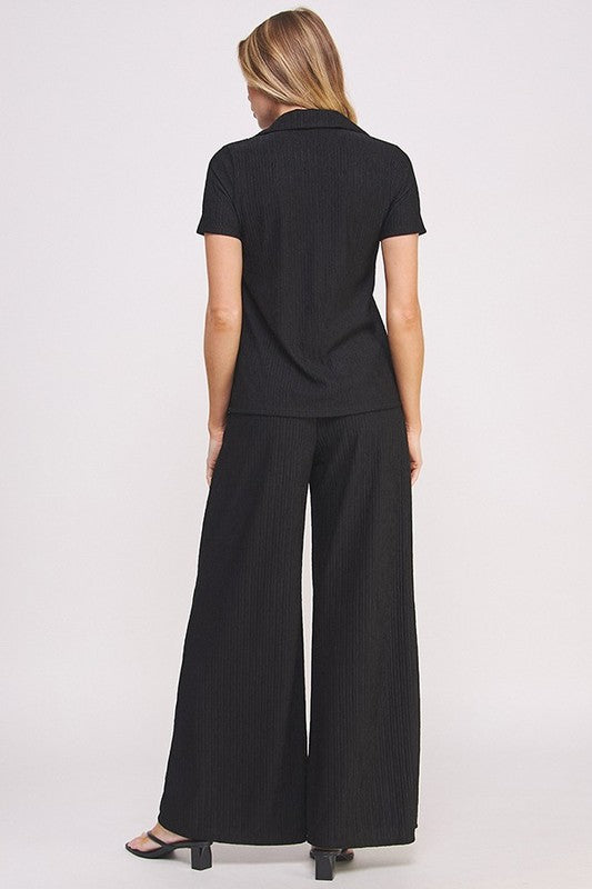 Jade By Jane Textured Short Sleeve Top  &amp; Wide Leg Pant Set