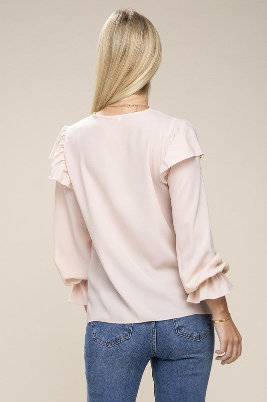 V-Neck Lace Trim Long Sleeve Blouse